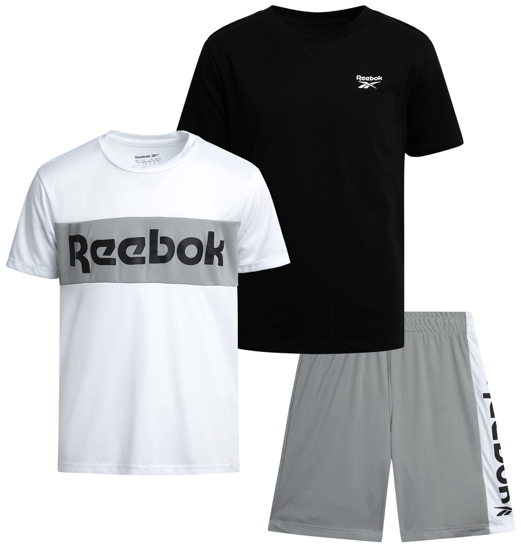 Reebok Boys Athletic Shorts Set - 3 Piece Summer Clothes Outfit with Graphic Tees and Boys Running Shorts for Active Kids